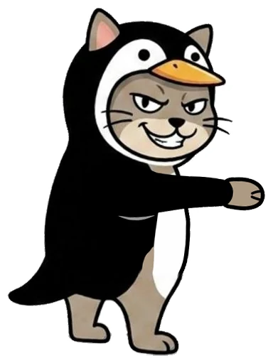 A cartoon cat in a penguin costume pointing at the greeting