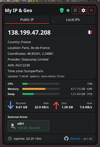My IP & Geo widget: public IP, location, provider, system load and traffic