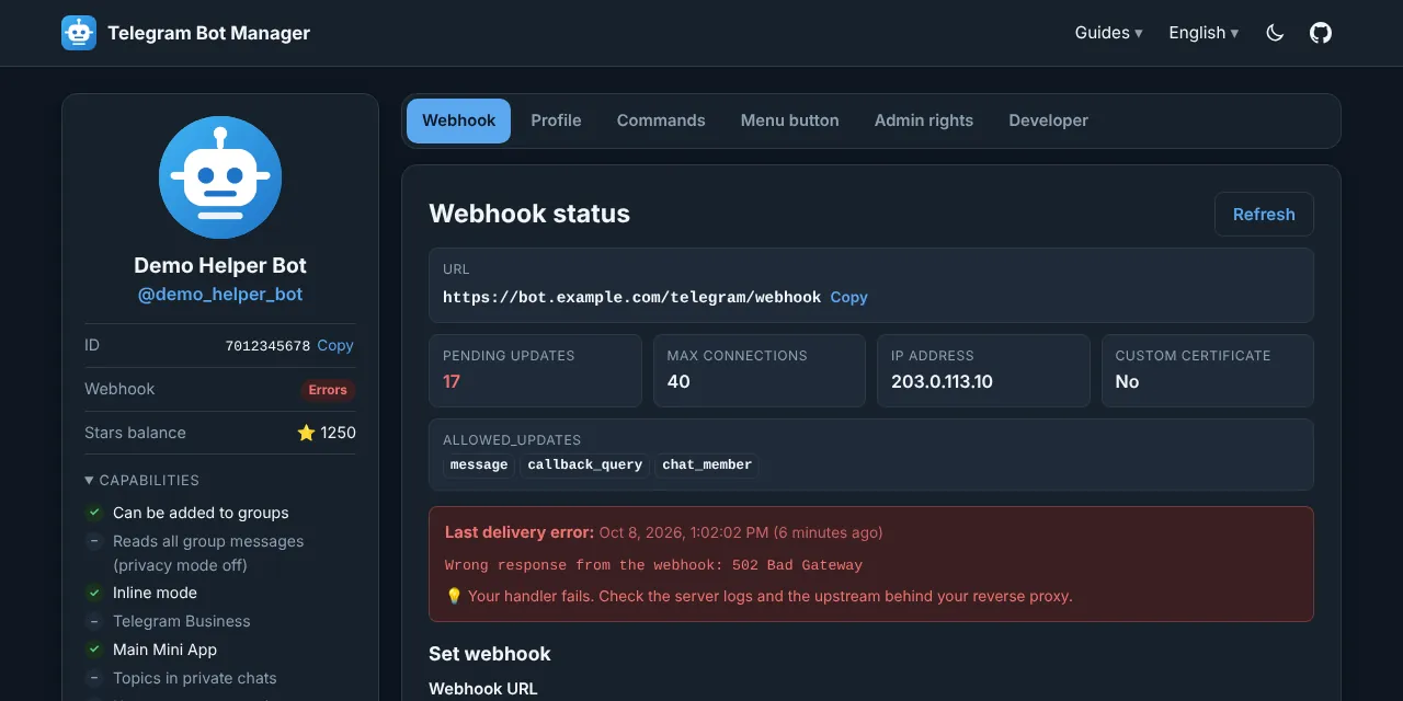Telegram Bot Manager: webhook status of a demo bot with its last delivery error